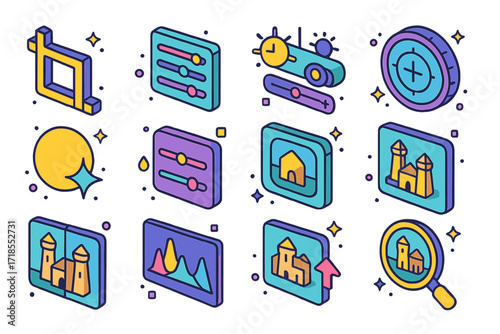 Photo Editing Icons. Colorful isometric vector icons set of photo editing tools for ancient sites: crop tool, color correction panel, contrast slider, clarity