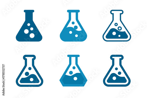 Pharmaceutical Logo Variations. Pharmaceuticals. Set Logo of Pharmaceuticals: Laboratory flask. harmonious logo variations of the same emblematic concept, each