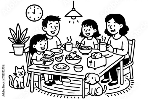 Family Breakfast Doodles. Hand-drawn doodle illustration [Family having breakfast together] [table, chairs, plate, cup, cereal bowl, fruit, toaster, family