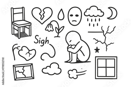Loneliness Doodle Scene. Hand-drawn doodle illustration loneliness and despair empty chair, cloudy heart, single tear, drooping flower, hollow face, rain