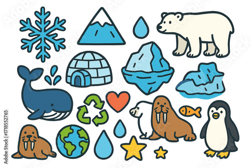 Arctic Doodle Icons. Colorful Hand-drawn doodle Children illustration Arctic environment snowflake, mountain, igloo, iceberg, polar bear, whale, walrus, fish,