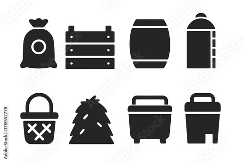Landowner Storage Icons. Solid, filled icon set of landowner storage: grain sack, crate, barrel, storage bin, silo, basket, haystack, cooler. Solid, filled