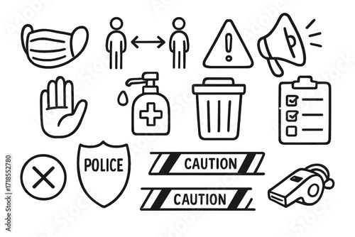 Public Safety Symbols. Public Safety. Hand-drawn doodle illustration mask, social distance arrows, loudspeaker, warning triangle, trash bin, sanitizer, open