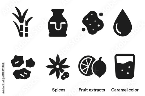 Rum Ingredients Icons. Solid, filled icon set of rum ingredients: sugarcane, molasses, yeast, water, oak chips, spices, fruit extracts, caramel color. Solid,