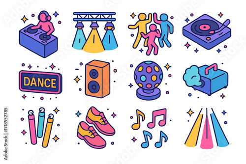 Dance Party Icons. Colorful isometric vector icons set of Dance Party Elements: DJ booth, dance floor lights, turntable, crowd dancing, neon sign, speaker