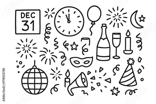 New Year's Icons. Hand-drawn doodle illustration Countdown to midnight clock, calendar, champagne bottle, glass, balloon, fireworks, streamers, star, moon,