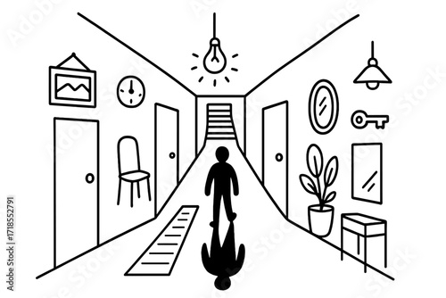 Hallway Doodle Icons. Hand-drawn doodle illustration Person in a Hallway [long corridor, person silhouette, doors, light bulb, lamp, carpet, stairs at end,