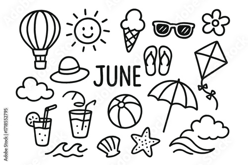 Summer Holiday Icons. Hand-drawn doodle illustration June holiday fun hot air balloon, ice cream, sun, sunglasses, hat, flip flops, beach ball, umbrella,