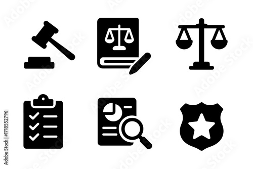 Compliance Icon Grid. Solid, filled icon set of regulatory compliance: gavel, law book, contract, scales of justice, compliance checklist, audit, license,