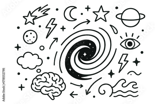Surreal Imagination Doodles. Hand-drawn doodle illustration surreal black hole imagination brain, spiral, black hole, galaxy swirl, planets, star, lightning