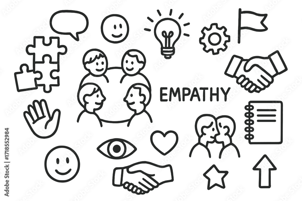 Fototapeta premium Empathy Teamwork Doodle Icons. Hand-drawn doodle illustration Empathy in teamwork group of people, circle, puzzle pieces, handshake, speech bubble, light bulb,