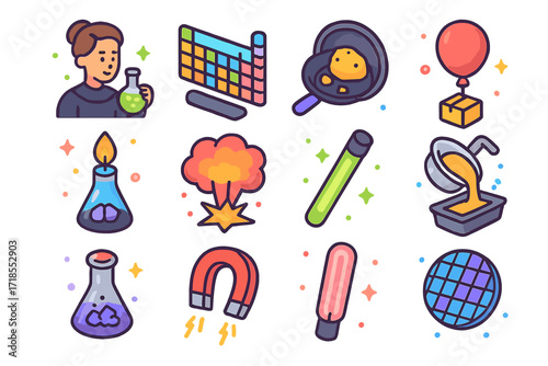 Iconic Elements Discovery Icons. Colorful isometric vector icons set of iconic element discoveries: Marie Curie with radium, Mendeleev?s periodic table, gold