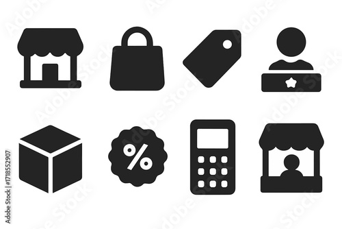Marketplace Icon Set. Solid, filled icon set of marketplace platforms: storefront, shopping bag, price tag, customer review, delivery box, discount sticker,