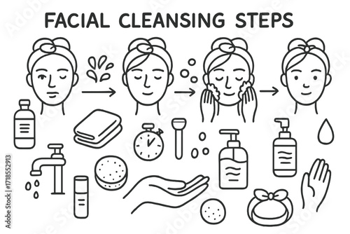 Facial Cleansing Doodle. Hand-drawn doodle illustration [Facial cleansing steps] step arrows, face icon, splash of water, soap bubbles, cleanser bottle, towel,