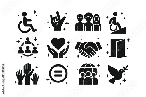 Inclusivity Icon Grid. Inclusion. Solid icons set of wheelchair symbol, sign language hand, diverse people, accessible ramp, inclusive circle, support heart,