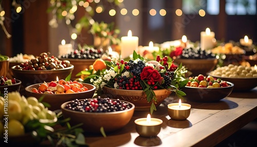 Festive table laden with fruits and berries