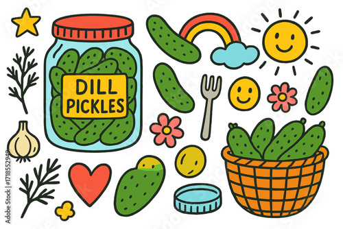 Pickle Doodle Art. Colorful Hand-drawn doodle Children illustration Dill Pickles [pickle jar, dill sprig, cucumber, basket, garlic, star, rainbow, sun, cloud,