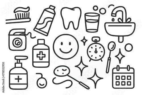 Dental Care Doodle. Hand-drawn doodle illustration Toothbrush [toothbrush, toothpaste tube, tooth, glass of water, sink, faucet, floss, mouthwash bottle,