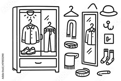 Wardrobe Doodle Design. Hand-drawn doodle illustration [Closet with mirror for outfit check] [mirror, shirt, pants, hanger, shoes, drawer, scarf, wardrobe,