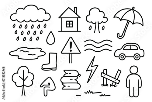 Weather Doodle Icons. Hand-drawn doodle illustration Heavy rainfall cloud, raindrop, puddle, house, tree, umbrella, boot, river, warning sign, waves, car,