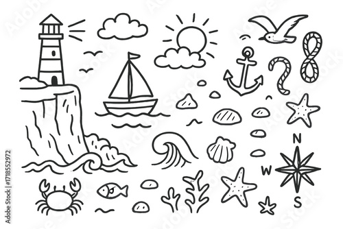 Seaside Doodle Elements. Hand-drawn doodle illustration Seaside cliff [cliff, lighthouse, boat, anchor, wave, seagull, starfish, seashell, rope, rock, sun,