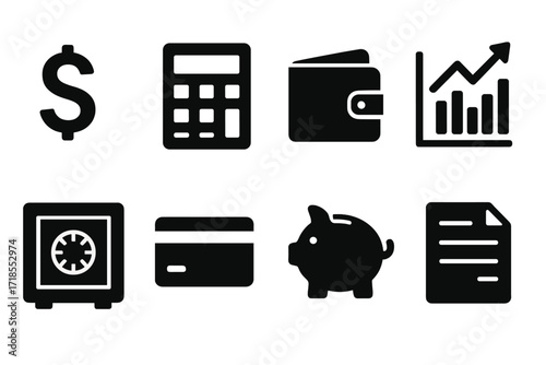 Finance Icon Set. Solid, filled icon set of CEO finance management: dollar sign, calculator, wallet, stock chart, safe, credit card, piggy bank, invoice.