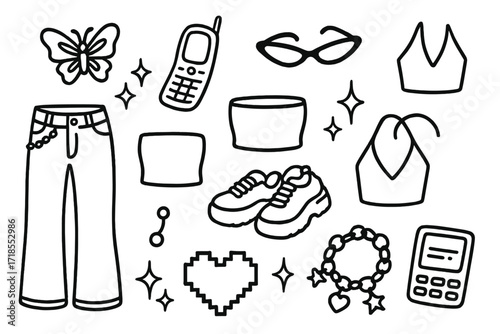 Y2K Fashion Icons. Hand-drawn doodle illustration Y2K fashion revival [butterfly clip, flip phone, shiny bag, low-rise jeans, tube top, glitter icon, platform