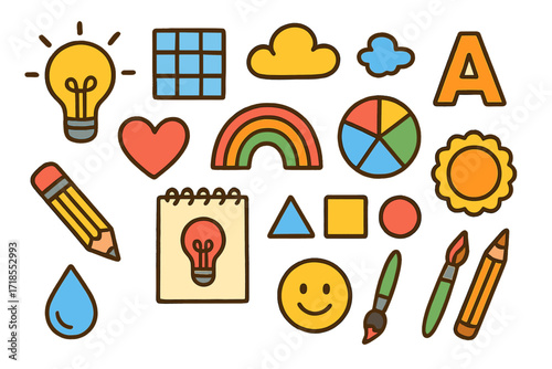 Creative Doodle Icons. Colorful Hand-drawn doodle Children illustration Logo creation pencil, sketch pad, idea bulb, shape icons, heart, rainbow, color wheel,