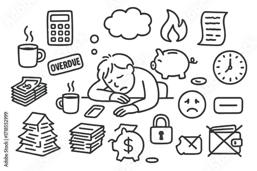 Economic Burnout Doodle. Hand-drawn doodle illustration economic burnout person slumped over, coffee cup, calculator, broken piggy bank, overdue stamp, dollar