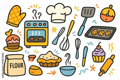 Kid's Baking Adventure. Colorful Hand-drawn doodle Children illustration Baking Oven oven, baking tray, mittens, cake, pie, cookies, timer, rolling pin, whisk,