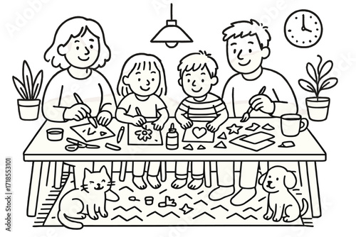 Family Arts and Crafts. Hand-drawn doodle illustration [Family doing arts and crafts] [table, scissors, glue, paper, markers, paintbrush, paint, family