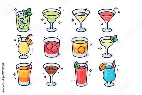 Colorful Cocktail Icons. Cocktails. Colorful isometric vector icons set of cocktails: mojito glass, margarita glass, martini glass, cosmopolitan, pina colada,