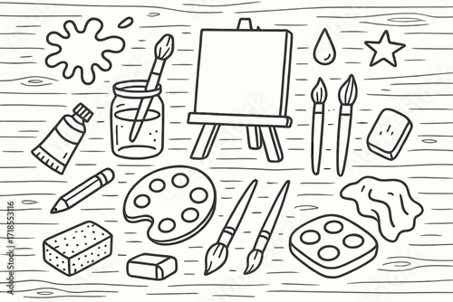 Art Tools Doodle. Hand-drawn doodle illustration Paints and brushes on a wooden table paintbrush, palette, paint tube, water jar, paint splatter, canvas,