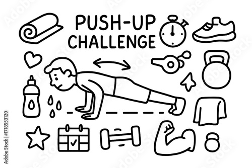 Push-up Challenge Icons. Hand-drawn doodle illustration Push-up challenge person in push-up form, yoga mat, stopwatch, arrows for motion, whistle, shoe, water
