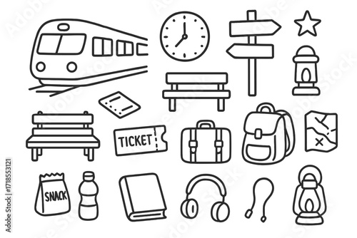 Train Station Doodles. Hand-drawn doodle illustration Train station essentials [train, platform, clock, bench, ticket, suitcase, backpack, map, snack, water