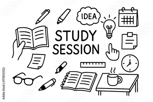 Study Session Icons. Hand-drawn doodle illustration Study session with book [book in hand, pen, notebook, highlighter, glasses, paper, idea icon, lightbulb,