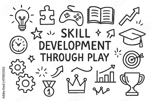 Learning Through Play Icons. Hand-drawn doodle illustration Skill development through play light bulb, puzzle piece, joystick, book, graduation cap, star,