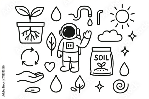 Space Hydroponics Doodle. Hand-drawn doodle illustration Hydroponics in space [plant roots, water droplet, nutrient tube, astronaut, leaf, star, container,