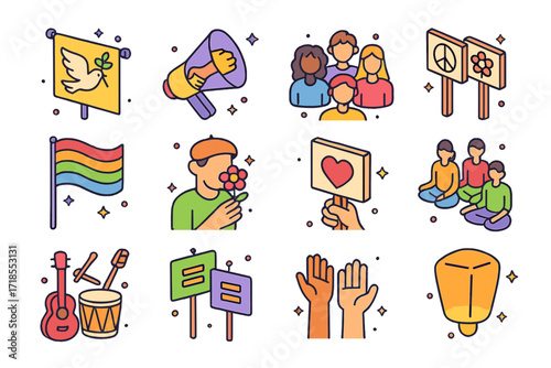 Peaceful Activism Icons. Colorful isometric vector icons set of Peaceful protest and activism: banner with dove, unity megaphone, peaceful crowd, handmade