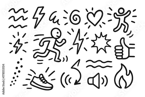 Energetic Doodle Icons. Hand-drawn doodle illustration [buzzing energy and motion] [vibration lines, energy bolt, swirl, heart, running figure, jump icon,
