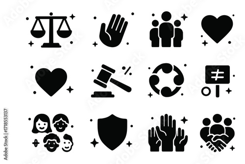 Symbols of Fairness. Fairness. Solid icons set of balanced scale, open hand, group of people, handshake, heart, justice hammer, inclusive circle, equality