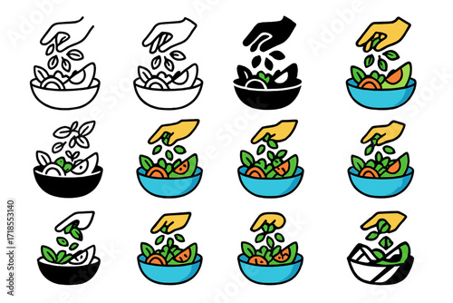 Salad Logo Variations. Set Logo of preparing a fresh salad with avocado, tomatoes, and greens: Herb leaves (basil, parsley). Logo set in vector
