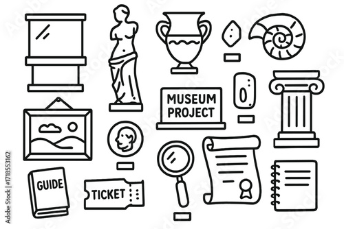 Museum Exhibit Doodles. Museum project. Hand-drawn doodle illustration museum project display case, sculpture, vase, fossil, painting, coin, artifact, scroll,
