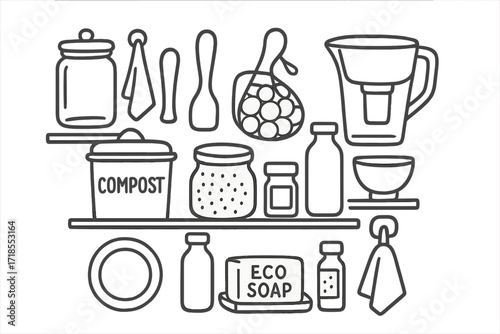 Sustainable Kitchen Icons. Hand-drawn doodle illustration Sustainable kitchen glass jar, cloth towel, wooden spatula, compost bin, bulk food, produce bag,
