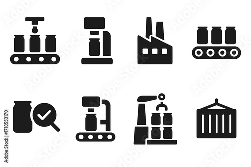 Can Production Line Icons. Solid, filled icon set of can industrial and commercial use: beverage production line, canning machine, factory, conveyor belt,