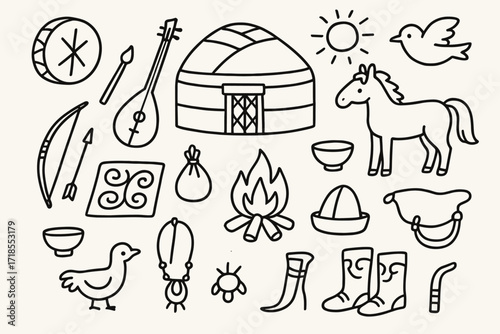 Steppe Heritage Icons. Hand-drawn doodle illustration steppe traditions yurt, drum, string instrument, bow and arrow, horse, cup, felt rug, bag, staff,
