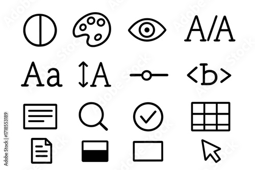 Typography Accessibility Icons. Hand-drawn doodle illustration Contrast and accessibility in typography high contrast icon, color palette, eye icon, A/A icon,