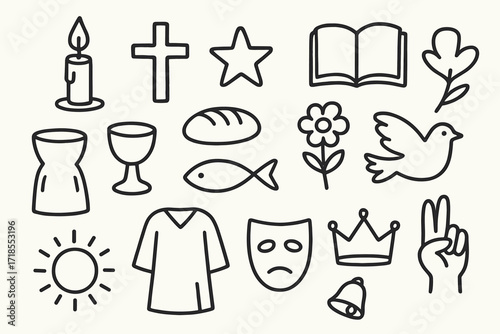 Religious Ritual Icons. Hand-drawn doodle illustration religious ritual candle, cross, star, book, cup, bread, fish, flower, dove, bell, sun, robe, mask,