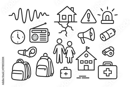 Earthquake Preparedness Icons. Hand-drawn doodle illustration natural disaster awareness earthquake wave lines, cracked ground, house, siren, warning sign,