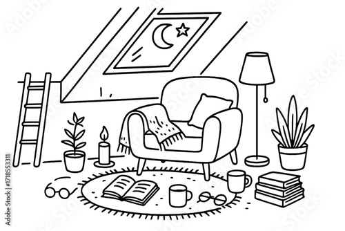 Cozy Attic Reading Nook. Hand-drawn doodle illustration Reading nook in the attic [roof window, chair, pillow, blanket, open book, stack of books, mug, lamp,